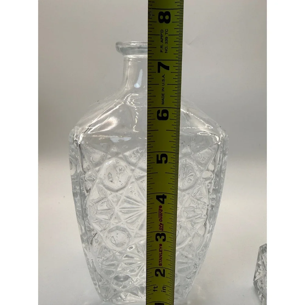 Vintage Clear Glass Square Liquor Decanter with Starburst Diamond Cut Pattern